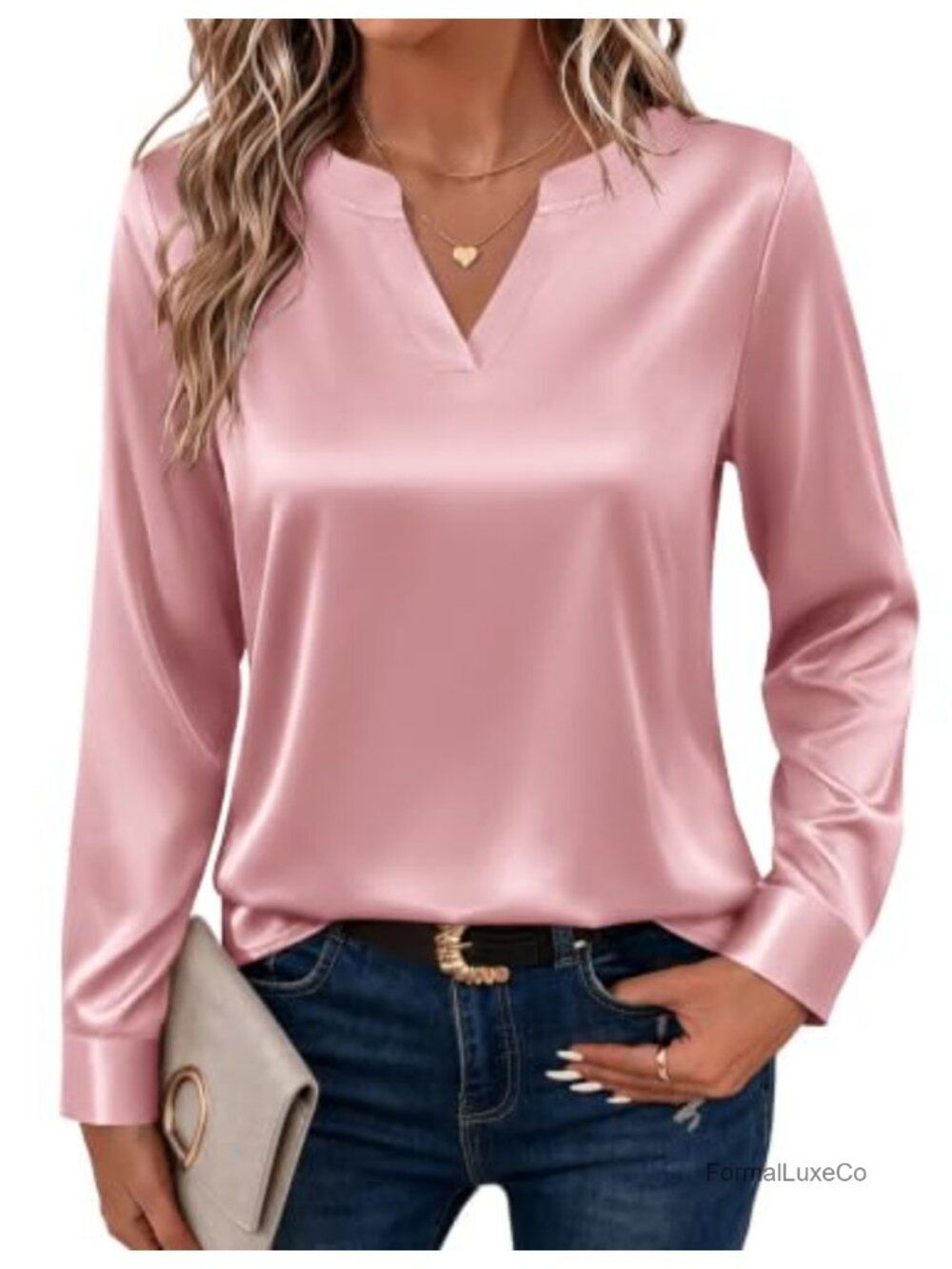 Satin V-Neck Long Sleeve Button Cuff Blouse Semi-Formal Office Top